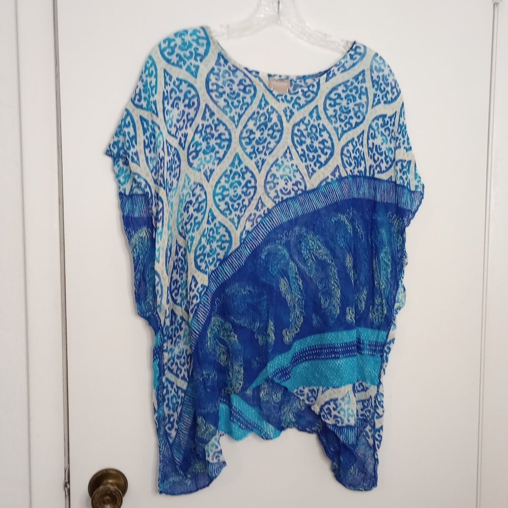 Chico's Blue & Green Tile & Paisley Print Boho Linen Poncho Top